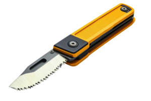 Colorful folding utility knife with a serrated edge designed for various cutting tasks and outdoor use png