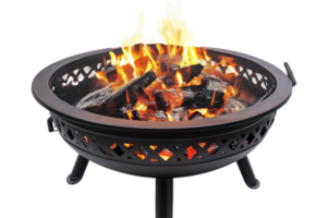 Fire pit with vibrant flames and glowing embers during a cozy outdoor gathering in early evening png
