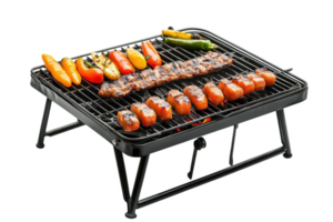 Grilling meat and colorful vegetables on a black barbecue grill during a summer cookout png