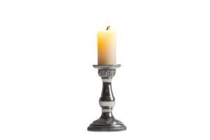 Elegant candle on a silver holder casting a warm glow in a minimalist setting png