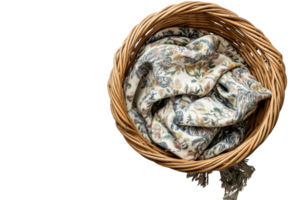 Decorative woven basket containing a patterned textile rests on a neutral background, showcasing elegant design and texture png