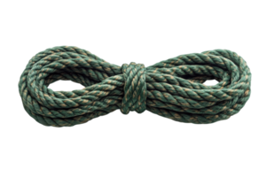 Thick green rope coiled neatly on a white surface showcasing its durability and texture png