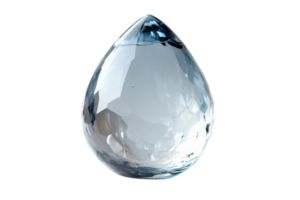 Clear crystal teardrop shaped object reflecting light in a bright, minimalistic setting png
