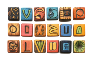 Colorful wooden blocks displaying various shapes and designs arranged on a white surface in an artistic pattern png