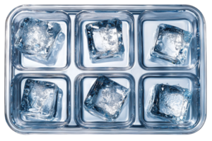 Freezing clear ice cubes in a tray ready for refreshing beverages in a home kitchen setting png