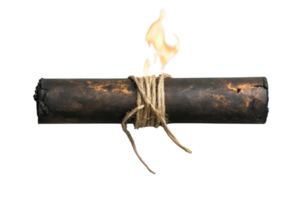 Burning log wrapped with twine resting on a white surface highlights elements of fire and nature png