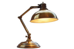 Elegant brass desk lamp illuminates workspace near window in a cozy indoor setting during late afternoon light png