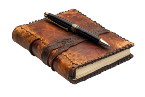 Elegant leather-bound journal with a sleek pen resting on top, perfect for writing and note-taking png