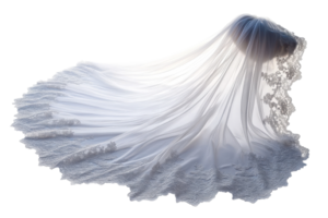 Elegant bridal veil with intricate lace detailing and flowing fabric in soft light against a white backdrop png
