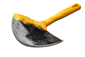 Garden tool used for weeding with a curved blade and yellow handle resting on a white background png