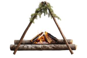 Cozy campfire setup with natural wood and greenery in a rustic outdoor setting png