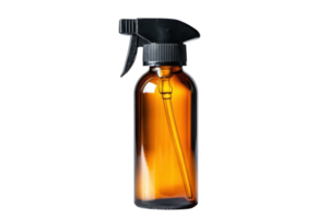 Transparent amber spray bottle stands alone against a plain background highlighting its design features and functionality png