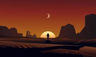 A man walking alone in desert sunset vector