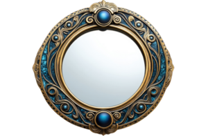 Elegant round mirror with intricate blue and gold detailing displayed against a white background png