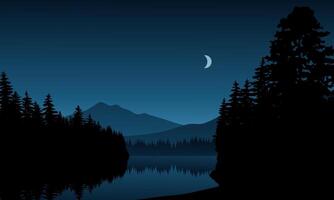 Calm night view at river with fir trees and moon vector