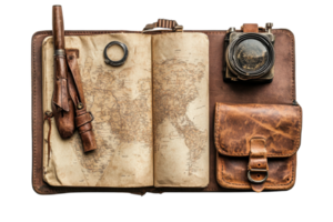 Journey through vintage exploration with a map, camera, and travel essentials laid out on a leather-bound notebook png