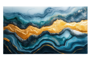 Abstract painting featuring blue and gold waves with dynamic textures and rich colors in a modern artistic style png