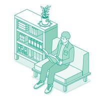 Young man sitting on soft chair and reading book. Shelves and racks with books. Outline style. Man loves relaxing with a good book. vector