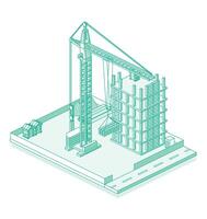 Construction site with crane and skyscraper. Process of building multi-storey building. Industrial technology. Outline style. Isometric monolithic frame building and tower crane. vector