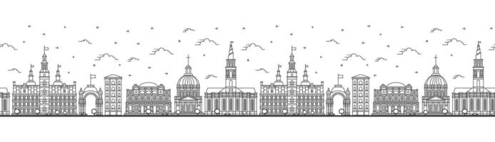 Seamless pattern with Outline Copenhagen Denmark City Skyline with Historic Buildings Isolated on White. Copenhagen Cityscape with Landmarks. vector