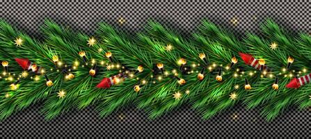 Holidays background with border of realistic looking christmas tree branches, red rockets, golden stars and neon garland. Checkered background. Merry xmas decorate border background. vector