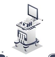 Ultrasound scanner machine with a screen. Isometric modern object isolated on white background. Medical diagnosis system. Hospital equipment. Top view. vector