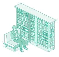 Young man sitting on soft chair and reading book. Shelves and racks with books. Outline style. Man loves relaxing with a good book. vector