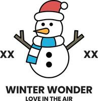 A snowman wearing a red hat and blue scarf stands in front of a white background vector