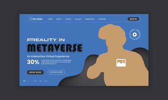 Virtual reality metaverse event training landing page interface design template and Metaverse virtual reality technology workshop website landing page interface design template vector