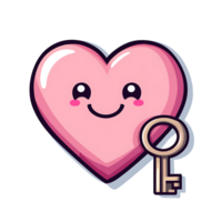 Cute pink heart with smiling face and key png