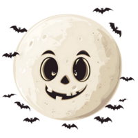 Cute Halloween moon with bats, smiling face, and spooky vibe png