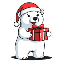 Cute polar bear in Santa hat holding Christmas gift with joy png