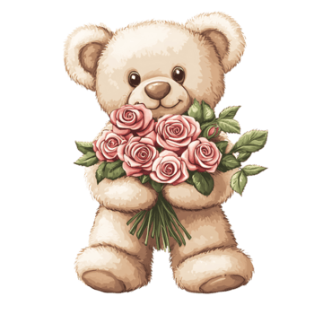 söt teddy Björn innehav bukett av rosa rosor, uttrycker kärlek och glädje png