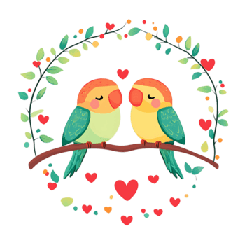söt älskar fåglar Sammanträde på gren omgiven förbi hjärtan och löv png