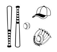 Baseball Clip Art Best Collection, Professional Baseball Cap Bat And Glove Player Silhouette Element Sport Drawing Isolated Set, Baseball Player Silhouette Outline Game Collection vector