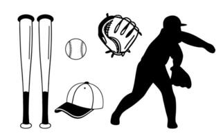 Baseball Illustration Clip Art Bundle Set, American Baseball Cap Bat And Glove Sport Isolated Equipment, Baseball Element Drawing Abstract Baseball Player Silhouette Outline Icon symbol -Set vector