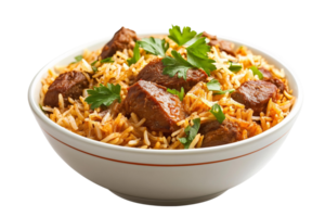 A bowl of rice with meat and parsley png
