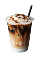 An iced coffee with caramel swirls and a straw png