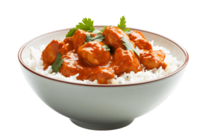 A bowl of rice with chicken curry and cilantro png