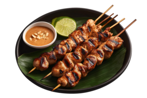 Chicken satay skewers with dipping sauce png