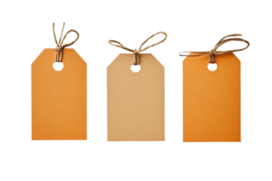 Three orange tags with string tied to them png