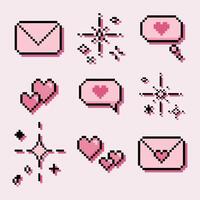 illustration isolated pixel icons for love concept. Retro, 8 bit, pastel arcade game style.Letter, heart, dialogue, bubble, sparkle. For game, mobile app,scrapbook, graphic vector
