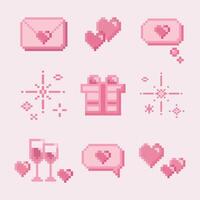 illustration isolated pixel icons for love concept. Retro, 8 bit, pastel arcade game style.Letter, heart, present, gift, champagne, dialogue, sparkle. For game, mobile app,scrapbook, graphic vector
