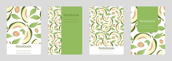 Set of cover designs for notebook, notepad, cook book, catalog with avocado slice. Vertical format A4, A5. vector