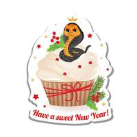 Sticker with New year delicious cupcake with whipped cream and symbol of 2025 year snake. Greeting card Have a sweet New Year. vector