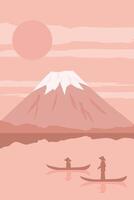 Abstract poster with a mountain on a background of water with boats in monochrome color. vector