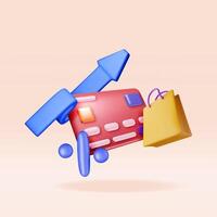 3D bank card with precent, arrow and shopping bag. Render cashback or return money in shopping. Concept of payment with money back. vector