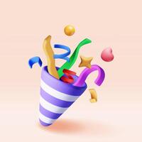 3D party popper with confetti isolated on white. Render paper confetti collection. Colorful firecracker elements in various shapes vector
