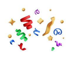 3D party ribbon confetti round isolated on white. Render color confetti collection. Colorful firecracker elements in various shapes. Party, holyday, surprise or birthday events vector