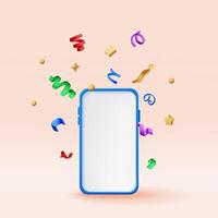 3D party confetti on mobile phone. Render plasticine confetti on smartphone. Colorful firecracker elements in various shapes vector